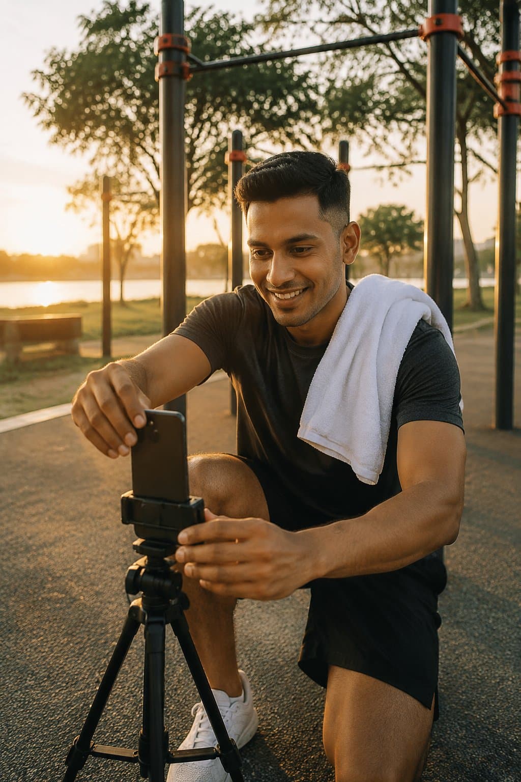 Creator setting up a phone tripod at an outdoor workout park