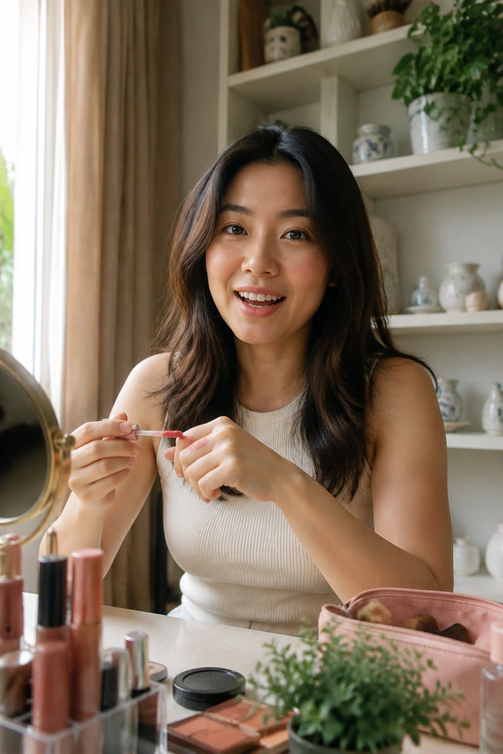 Beauty creator swatching a lip product at her vanity