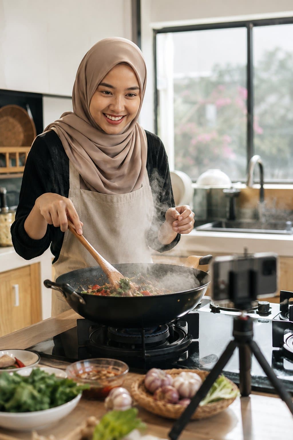 Creator filming a cooking video on a phone tripod in her kitchen