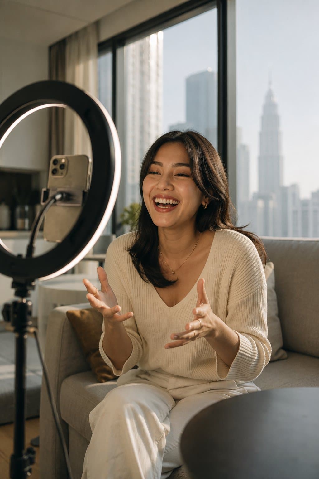 Creator filming a talking-head video with a ring light