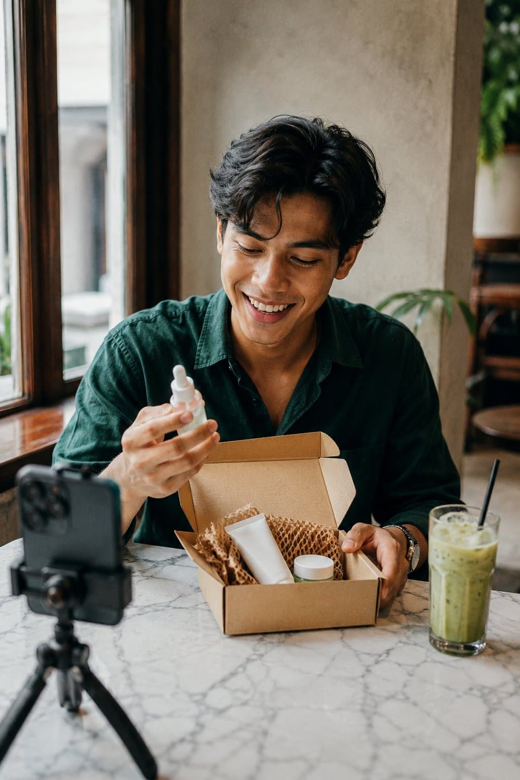 Creator unboxing skincare products at a cafe